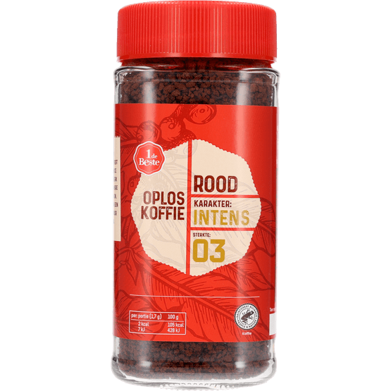 Foto van 1 de Beste Oploskoffie rood op witte achtergrond