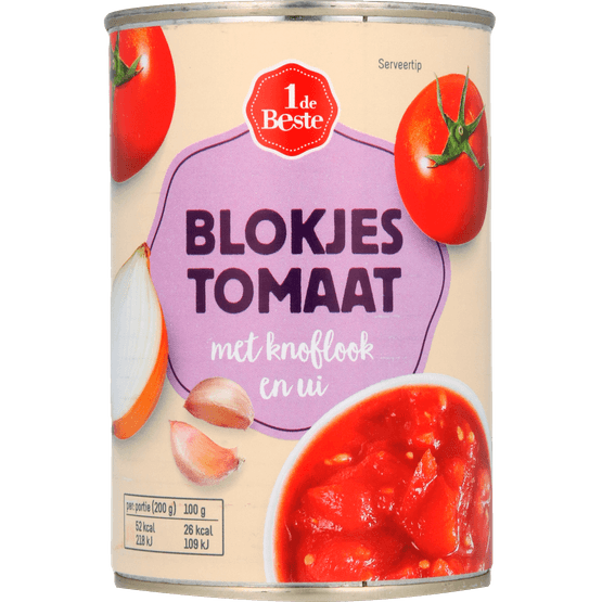 Foto van 1 de Beste Tomatenblokjes knoflook en ui op witte achtergrond