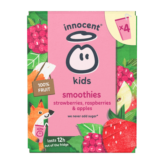 Foto van Innocent Kids smoothie aardbei framboos appel 4 stuks op witte achtergrond