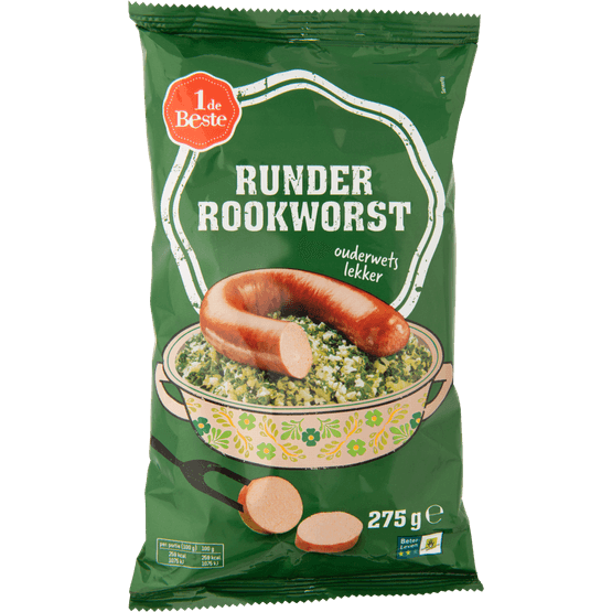 Foto van 1 de Beste Rookworst runder op witte achtergrond