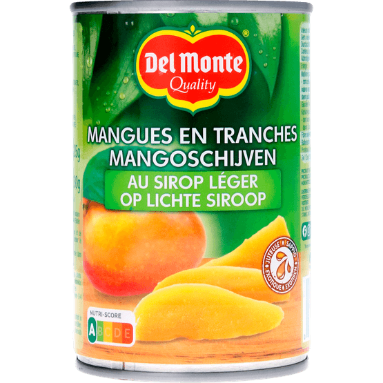 Foto van Del Monte Mango schijven op lichte siroop op witte achtergrond