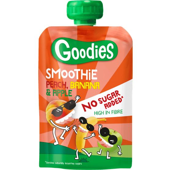 Foto van Goodies Knijpzakje smoothie perzik, banaan & appel op witte achtergrond