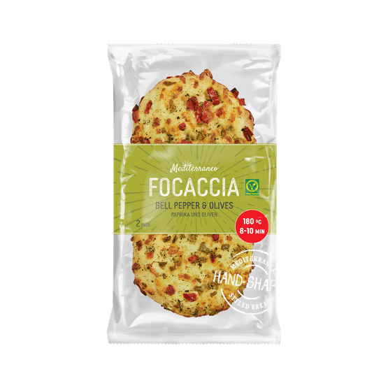Foto van Boboli Duo focaccia paprika en olijf op witte achtergrond