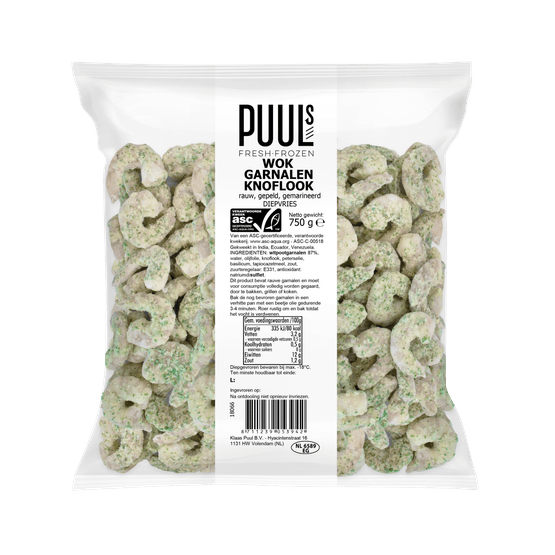 Foto van Klaas Puul Wokgarnalen knoflook op witte achtergrond