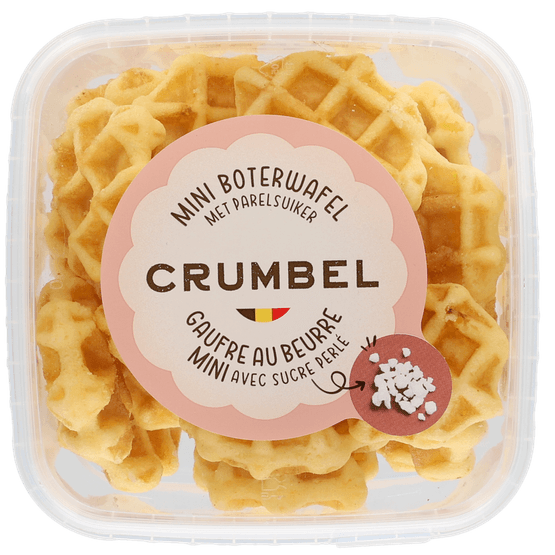 Foto van Crumbel Mini wafel met parelsuiker op witte achtergrond