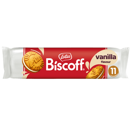 Foto van Lotus Biscoff speculoos sandwich vanille op witte achtergrond