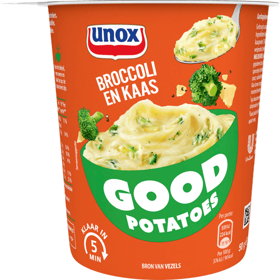Foto van Unox Good potatoes broccoli kaas op witte achtergrond