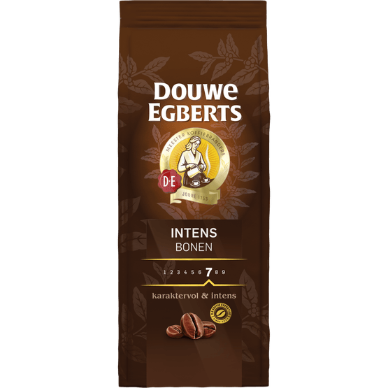 Foto van Douwe Egberts Intens koffiebonen op witte achtergrond