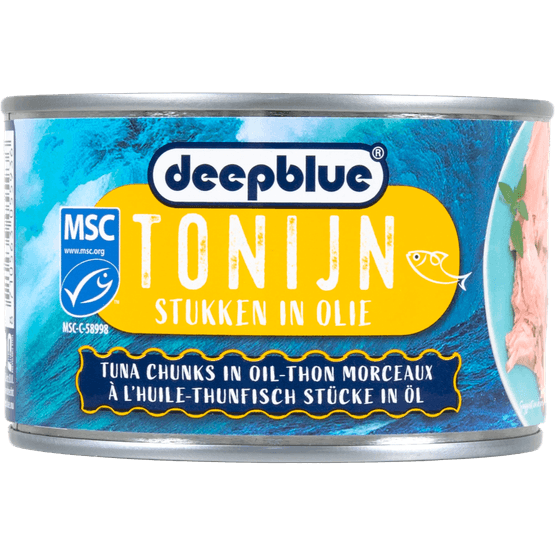 Foto van Deepblue Tonijnstukken in olie op witte achtergrond