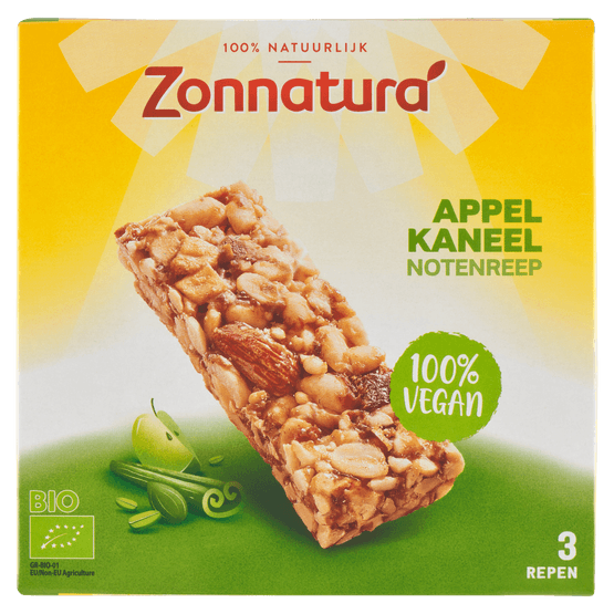 Foto van Zonnatura Biologische notenreep appel kaneel 3 stuks op witte achtergrond