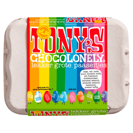Foto van Tony's Chocolonely paaseitjes assorti op witte achtergrond