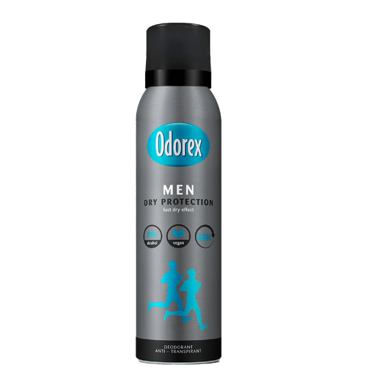 Foto van Odorex Deospray men dry protection op witte achtergrond