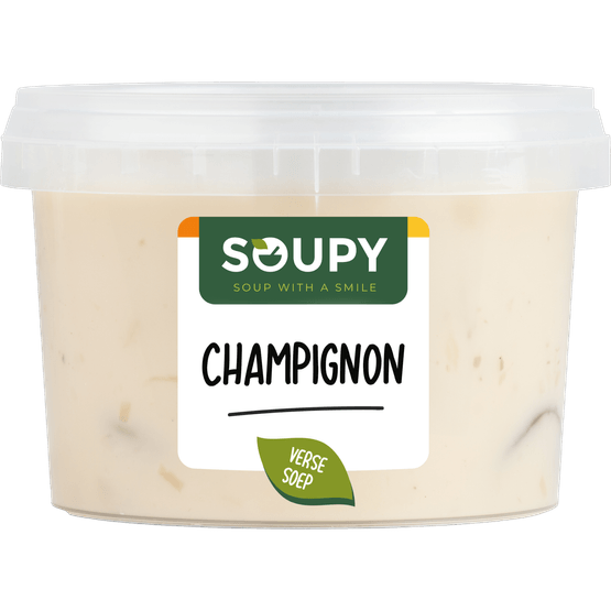 Foto van Soupy Champignonsoep vers op witte achtergrond
