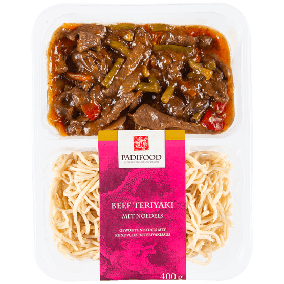 Foto van Padifood Beef teriyaki met noedels op witte achtergrond