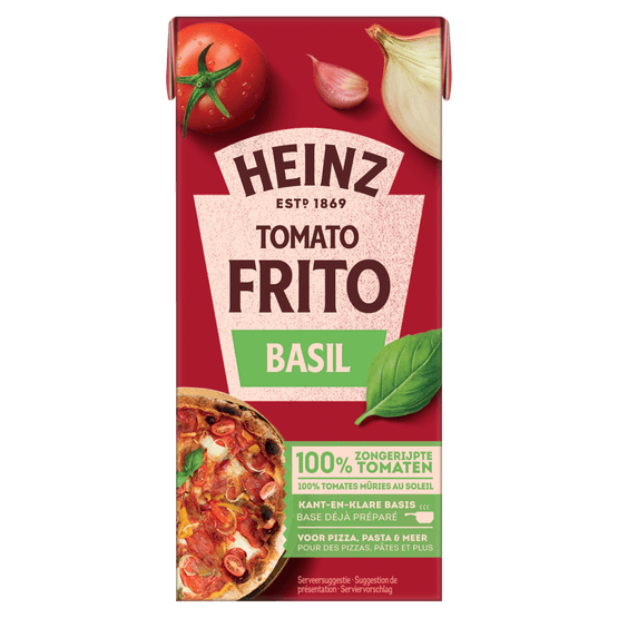 Foto van Heinz Tomato frito basil op witte achtergrond