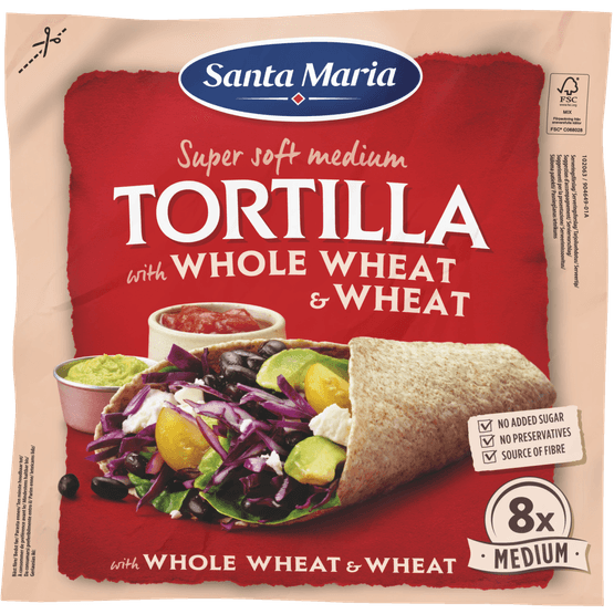 Foto van Santa Maria Tortilla whole wheat 8 stuks op witte achtergrond