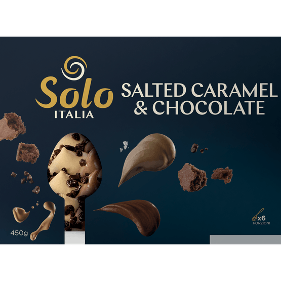 Foto van Solo Italia Chocoladedessert salted caramel op witte achtergrond