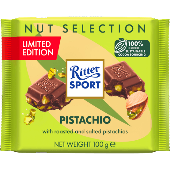 Foto van Ritter Sport Pistachio op witte achtergrond