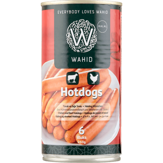 Foto van Wahid Hotdogs kip en rund op witte achtergrond