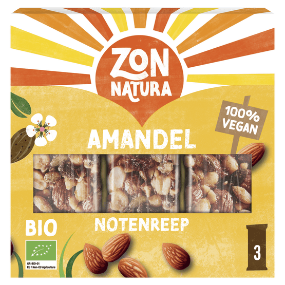 Foto van Zonnatura Biologische notenmix reep amandel 3 stuks op witte achtergrond