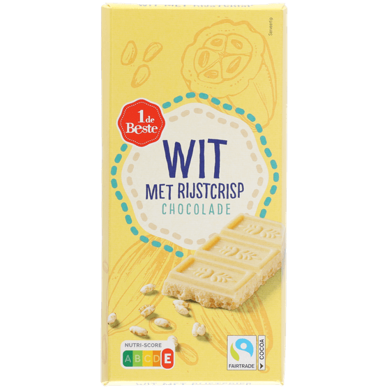 Foto van 1 de Beste Chocoladereep wit met rijstcrisp op witte achtergrond