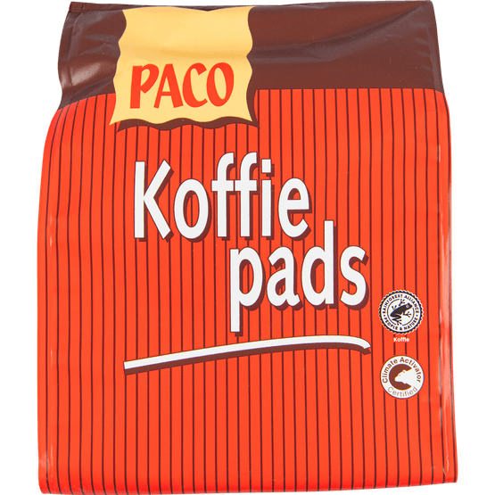 Foto van Paco Koffiepads roodmerk op witte achtergrond