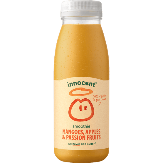 Foto van Innocent Smoothie mango & passion fruit op witte achtergrond