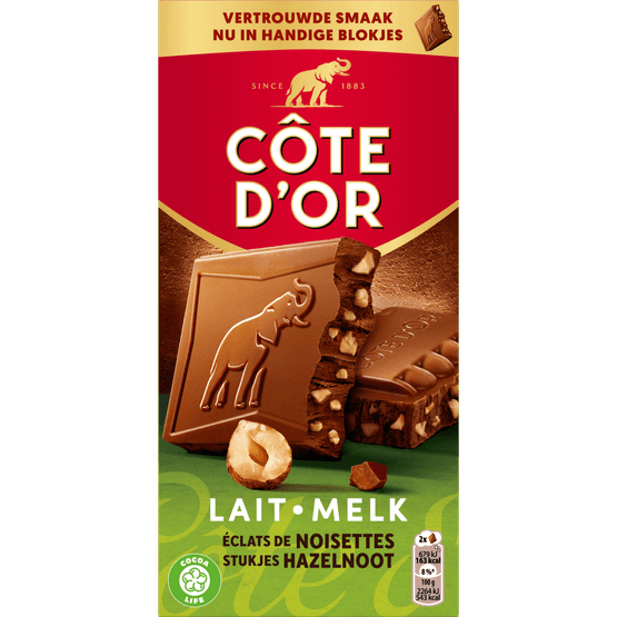 Foto van Côte d'Or Chocolade tablet melk-hazelnoot op witte achtergrond