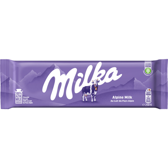 Foto van Milka Chocoladereep alpenmelk op witte achtergrond