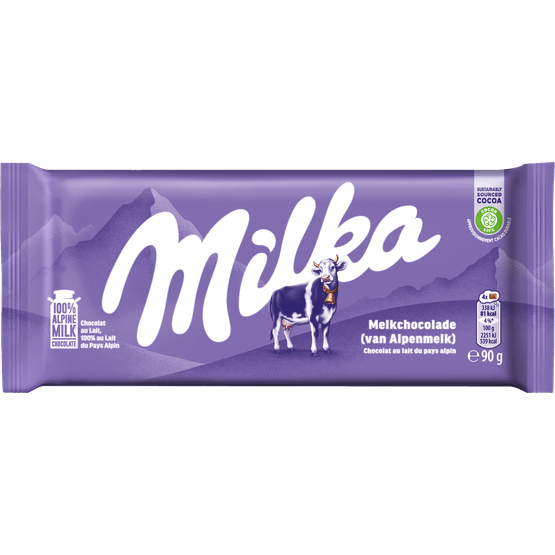Foto van Milka Chocoladereep alpenmelk op witte achtergrond
