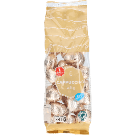 Foto van 1 de Beste Chocolade eitjes gevuld cappuccino op witte achtergrond