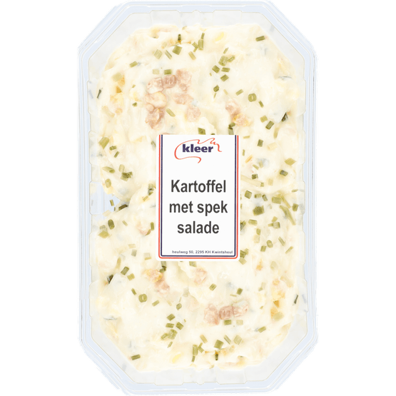 Foto van Kleer Delicatessen Ambachtelijke kartoffelsalade spek op witte achtergrond