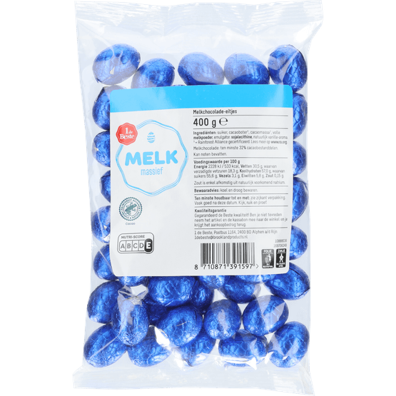 Foto van 1 de Beste Chocolade eitjes massief melk op witte achtergrond