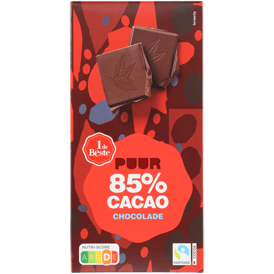 Foto van 1 de Beste Chocoladetablet puur 85% cacao op witte achtergrond