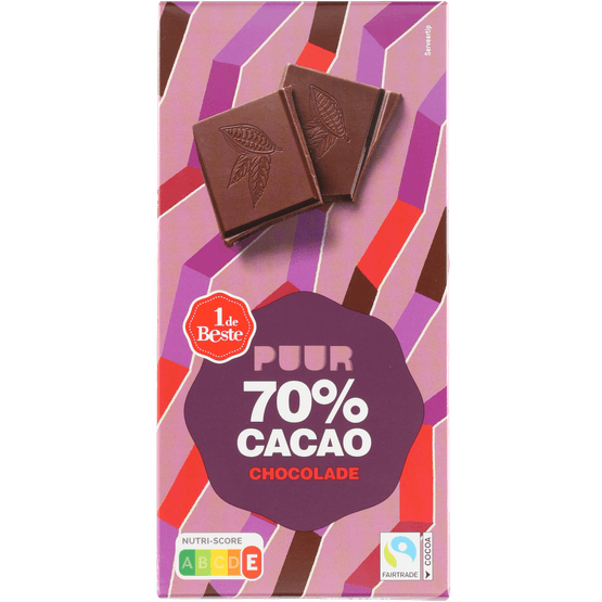 Foto van 1 de Beste Chocoladetablet puur 70% cacao op witte achtergrond