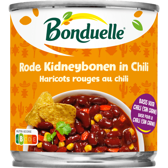 Foto van Bonduelle Rode kidneybonen in chili op witte achtergrond