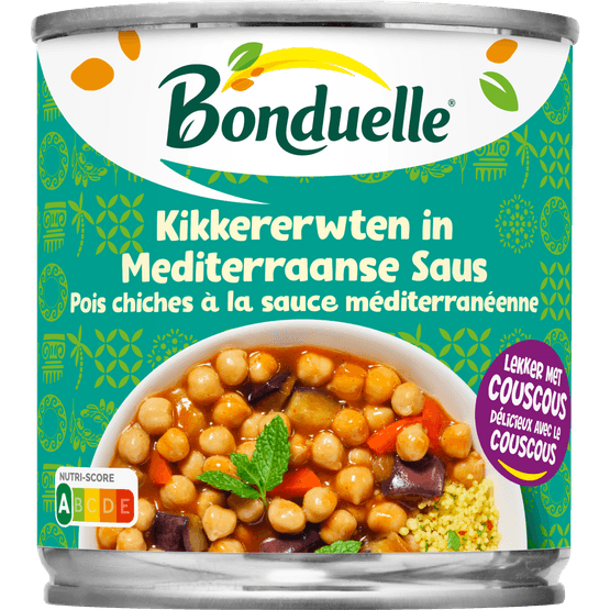 Foto van Bonduelle Kikkererwten in mediterraanse saus op witte achtergrond