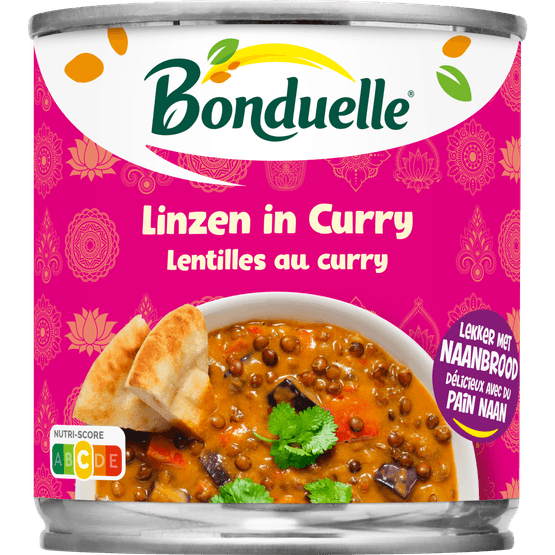Foto van Bonduelle Linzen in curry op witte achtergrond