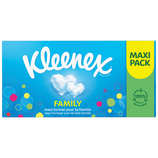 Foto van Kleenex Tissues family box op witte achtergrond