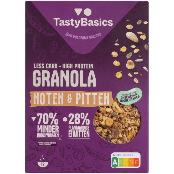 Foto van TastyBasics Granola noten en pitten op witte achtergrond