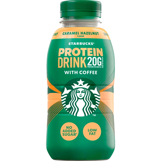 Foto van Starbucks Protein drink caramel hazelnut op witte achtergrond