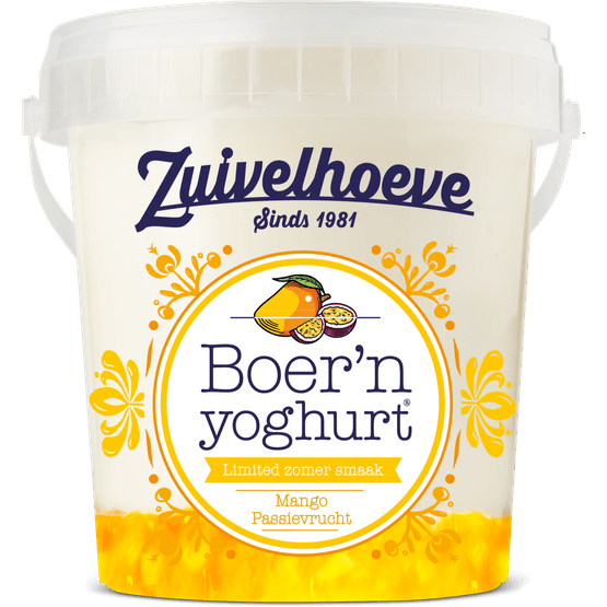 Foto van Zuivelhoeve Boern yoghurt mango-passievrucht op witte achtergrond