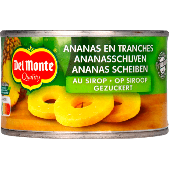 Foto van Del Monte Ananasschijven op siroop op witte achtergrond