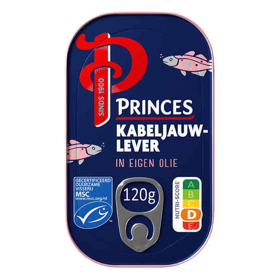 Foto van Princes Kabeljauwlever in eigen olie op witte achtergrond