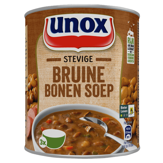 Foto van Unox Stevige bruine bonensoep op witte achtergrond