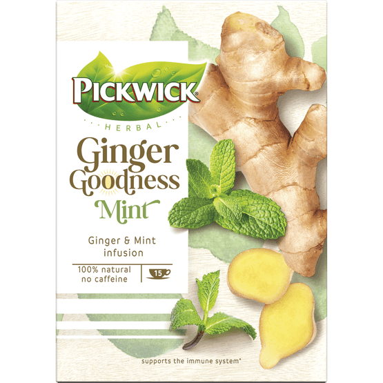 Foto van Pickwick Ginger goodness thee mint 15 zakjes op witte achtergrond