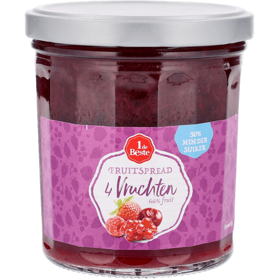 Foto van 1 de Beste Fruitspread 4 vruchten op witte achtergrond