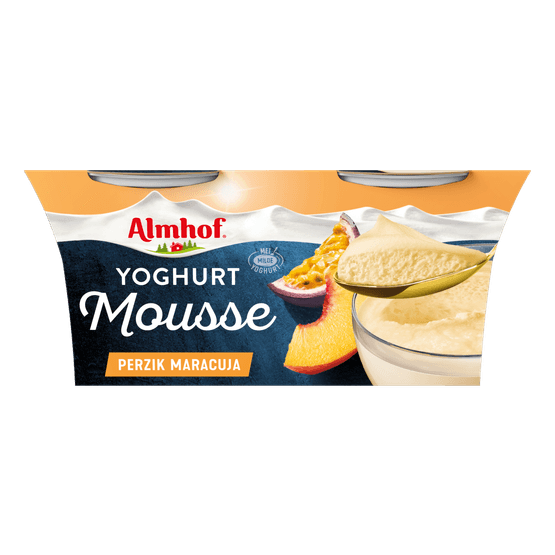Foto van Almhof Yoghurt mousse perzik maracuja 2 st. op witte achtergrond
