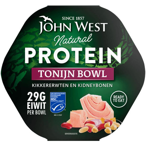 Foto van John West Protein bowl tonijn bonen op witte achtergrond