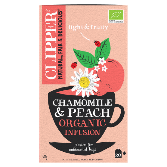 Foto van Clipper Kruidenthee chamomile peach bio 20 zk. op witte achtergrond